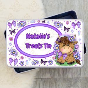 Purple Flowers Highland Cow Tin