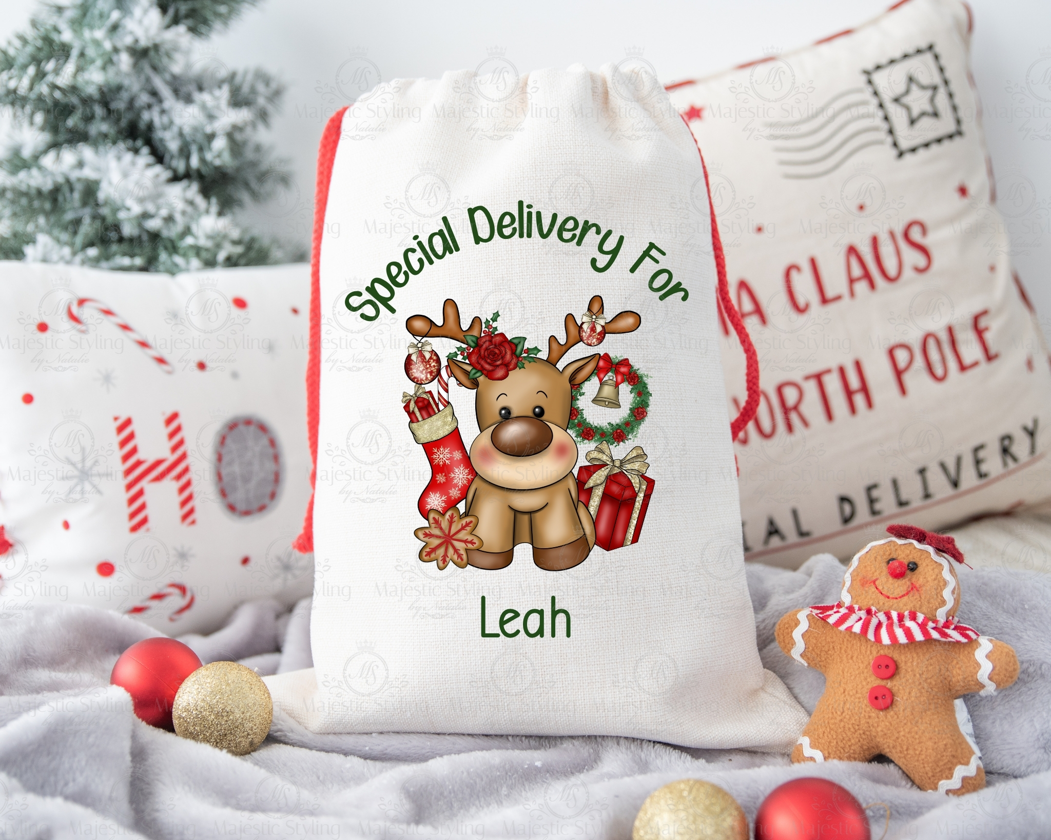 Christmas Reindeer Red & Gold Sack