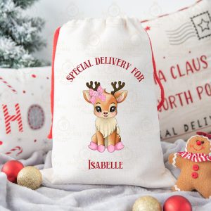 Pink Bow Reindeer Sack