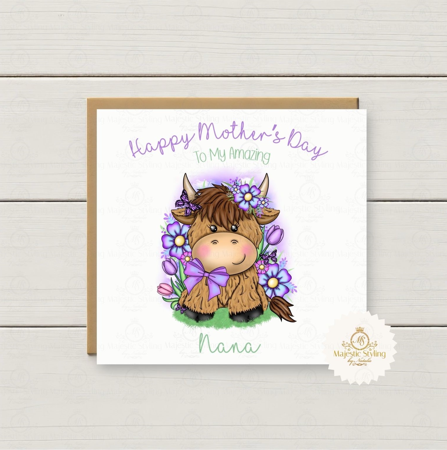 Purple Flowers Highland Cow Mother's Day Card - Image 2