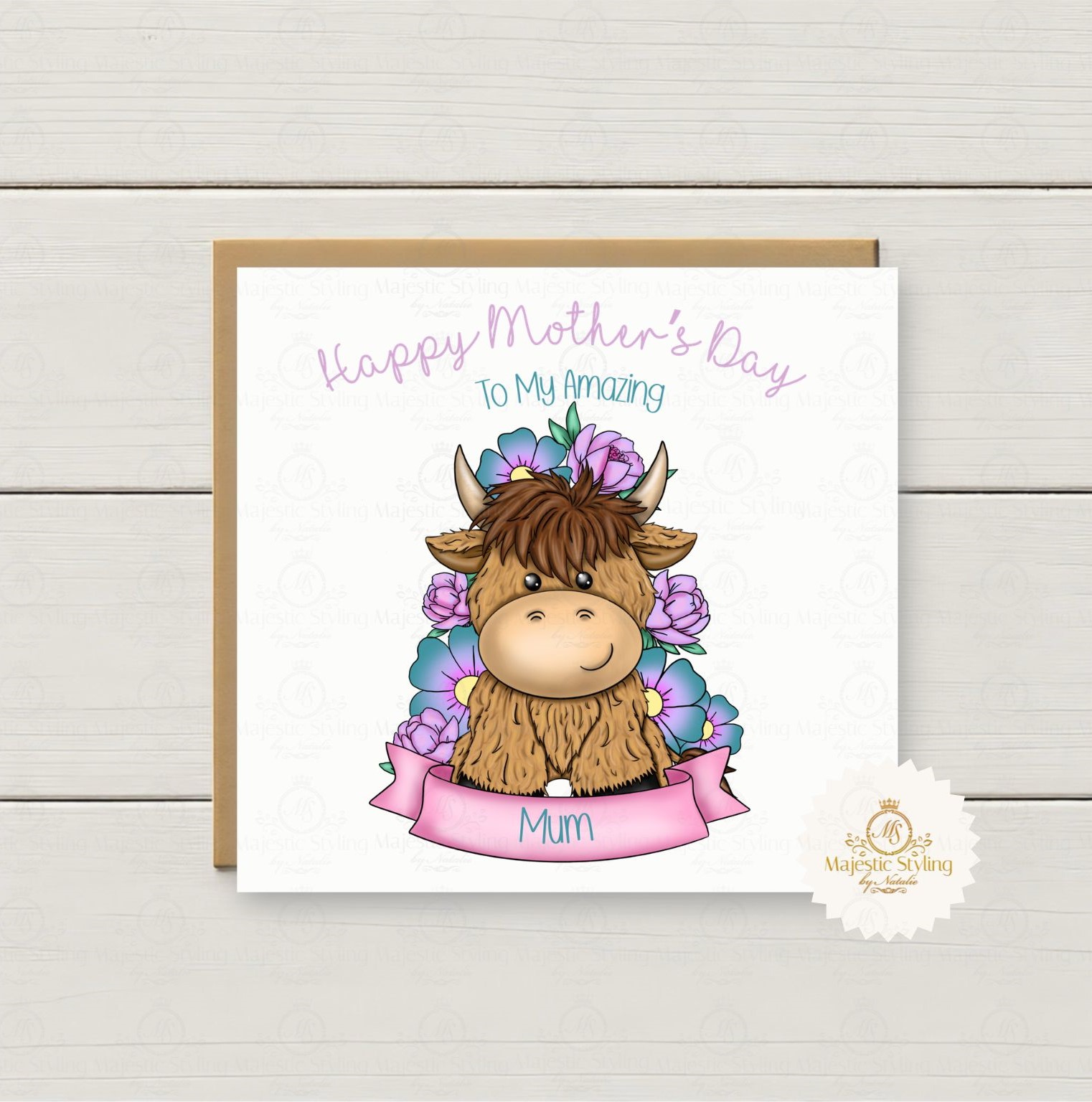 Purple and Blue Flowers Highland Cow Mother's Day Card
