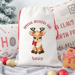 Red Bow Reindeer Sack