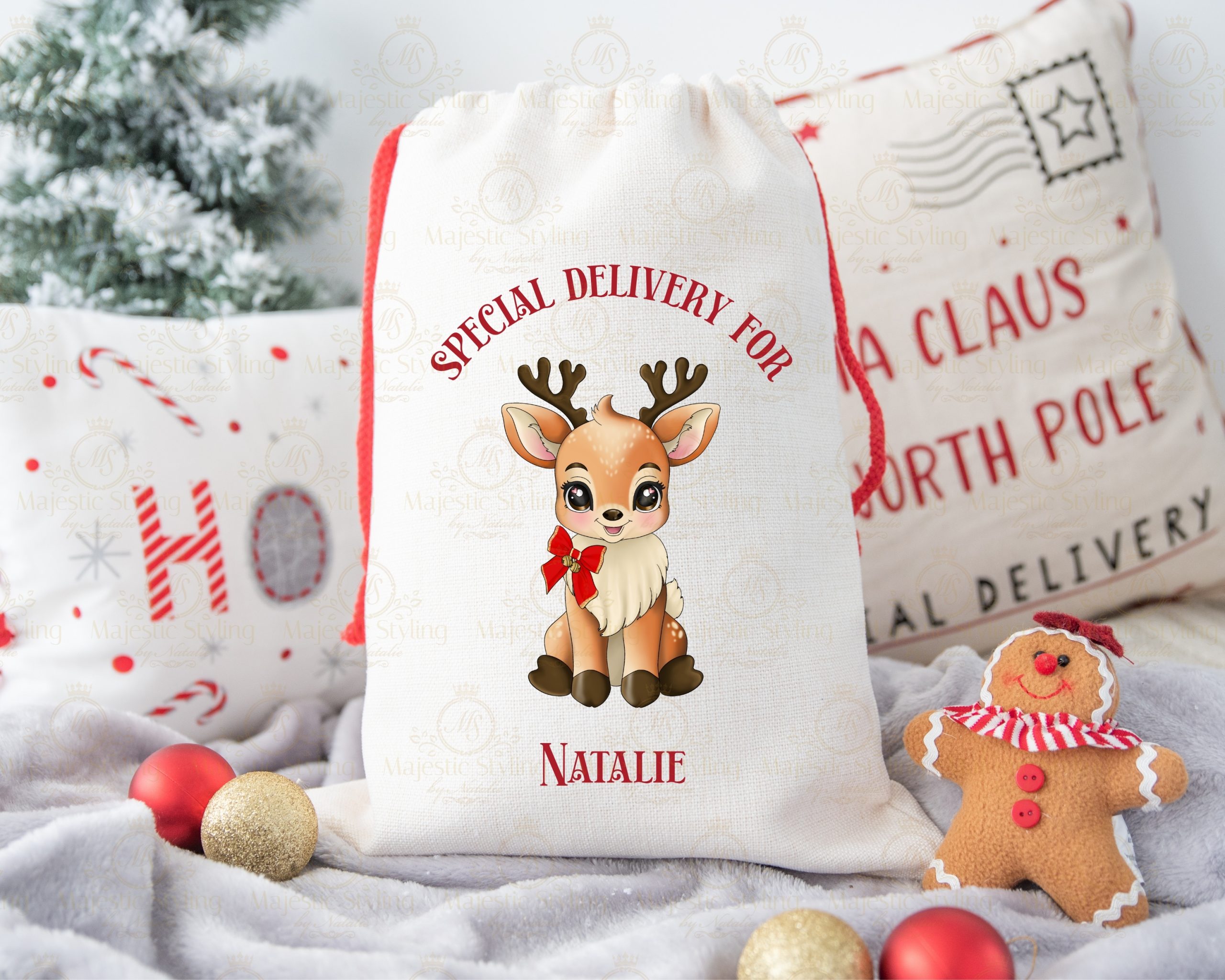 Red Bow Reindeer Sack