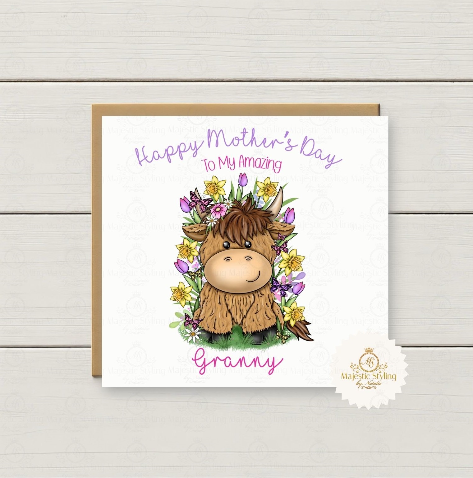 Spring Flowers Highland Cow Mother's Day Card